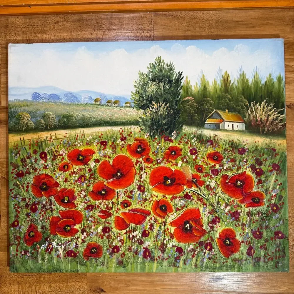 Original Field Of Poppies Hand Painted Scenic Country Landscape Impasto 20x24 - Picture 2 of 9
